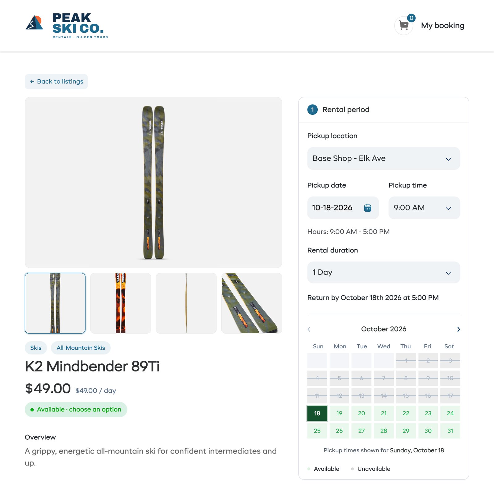 The K2 Mindbender on the Peak Ski Co. booking page, with open days in green