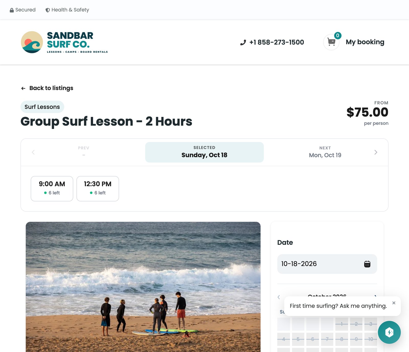 The 2-hour group surf lesson on the booking page, with spots left at 9:00 AM and 12:30 PM