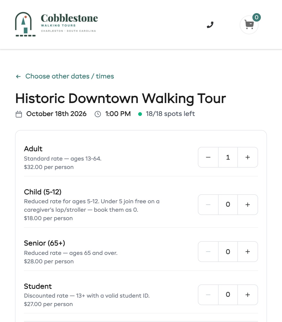 Adult, child, senior and student prices on the Historic Downtown Walking Tour booking page