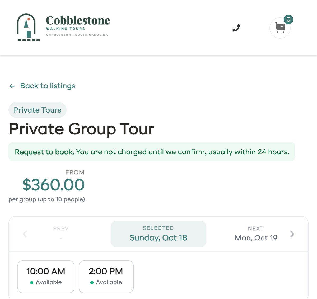 The Private Group Tour booking page: request to book, $360 per group