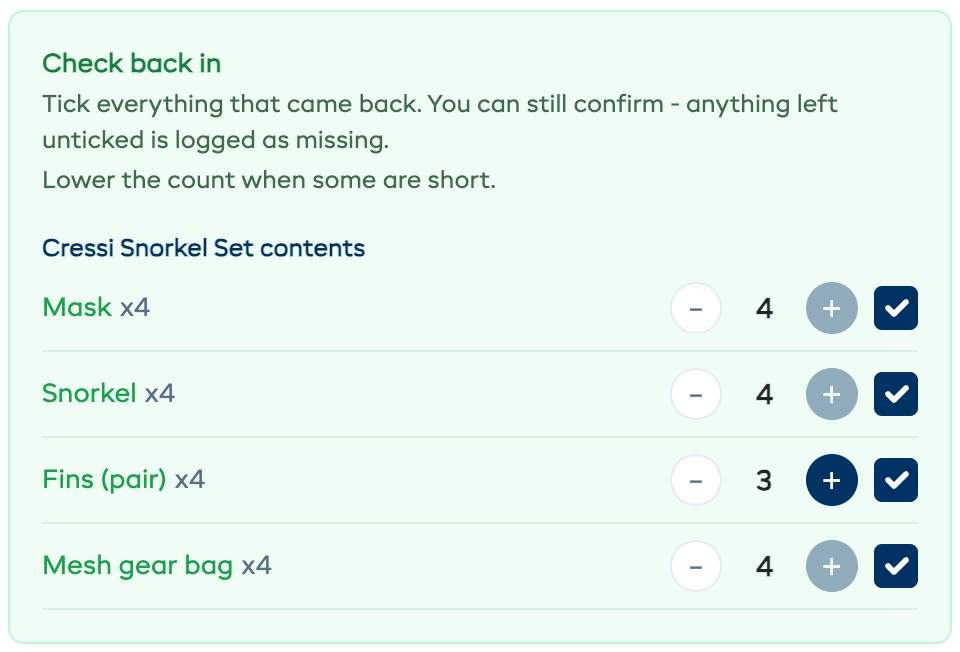Check back in panel for a snorkel set with masks, snorkels, fins and gear bags